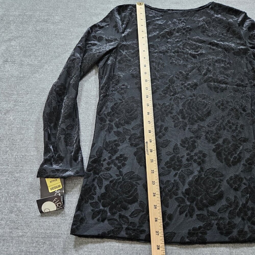 First Option Top M Women Black LS Round Neck Floral Burn Out Velvet Goth Y2K VTG - Picture 7 of 14
